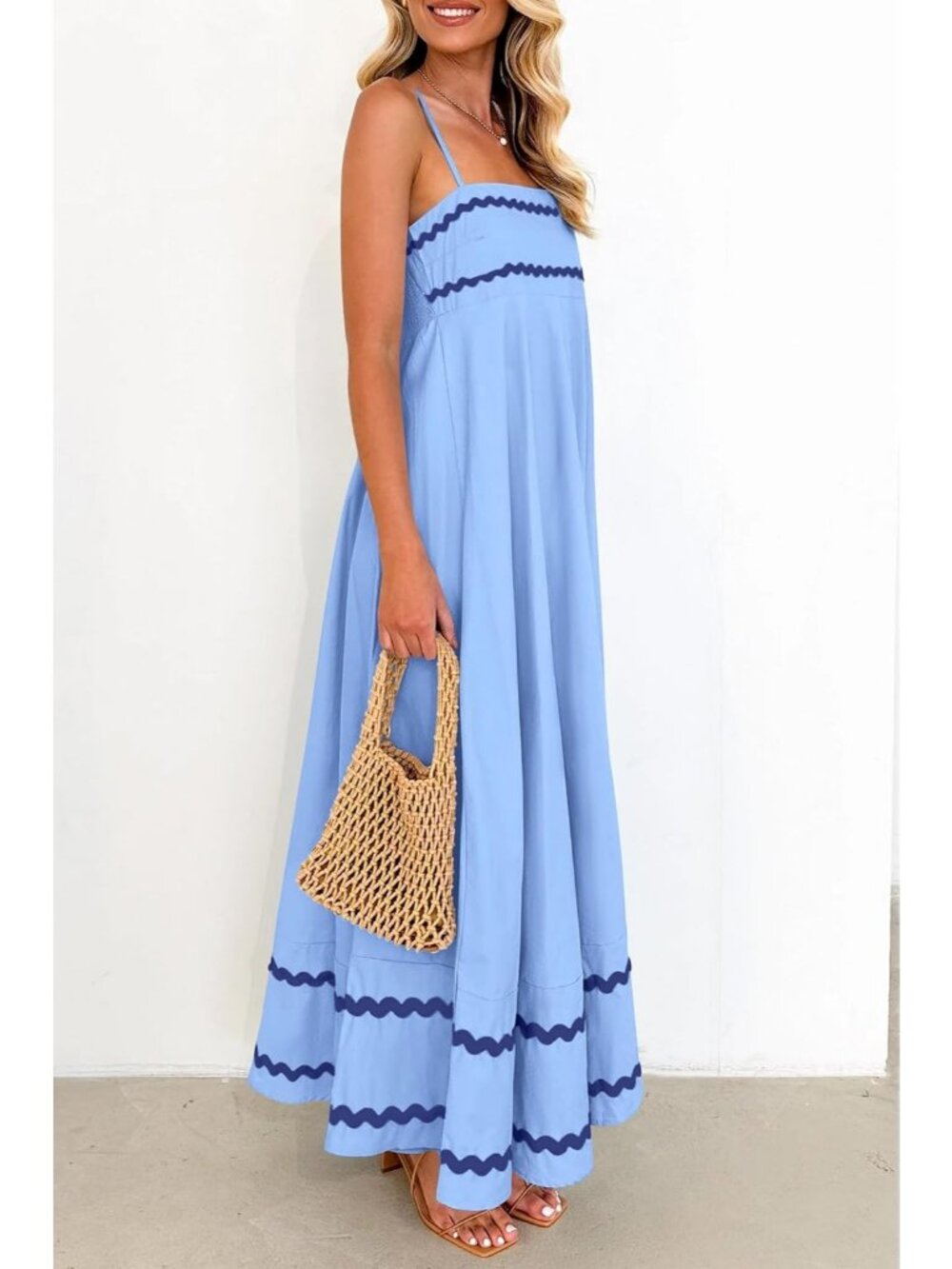Women's Light Blue Sleeveless Square Neck High Waist Pocket Imported Maxi Dress - Picture 3 of 6